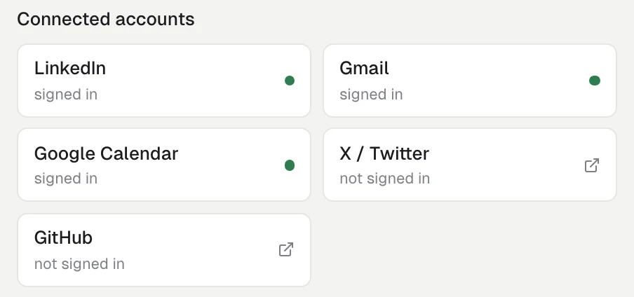Connected accounts: LinkedIn, Gmail and Google Calendar signed in