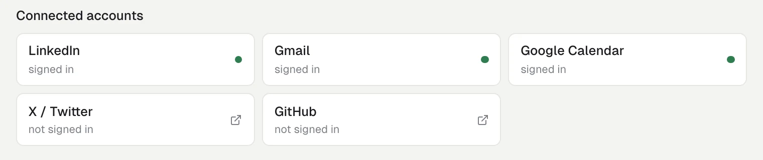 Connected accounts: LinkedIn, Gmail and Google Calendar signed in