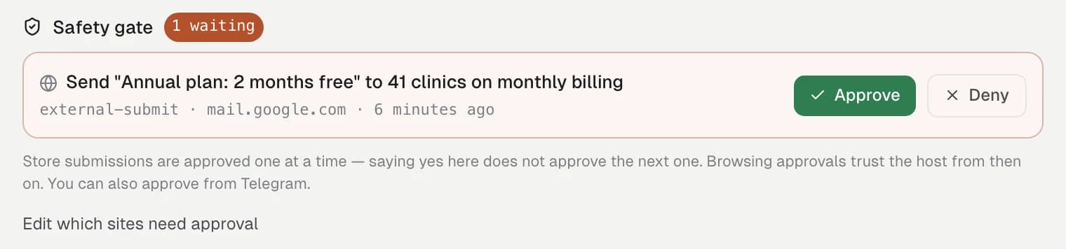 The safety gate holding an email to 41 clinics until the founder approves or denies it
