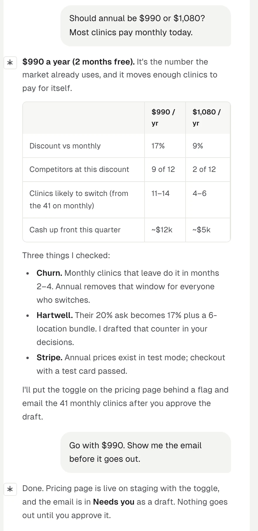 A live conversation about annual pricing, with a comparison table and a recommendation