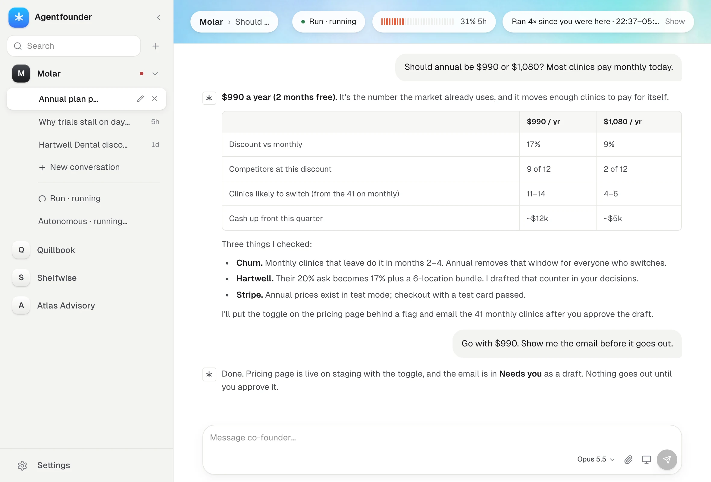 A live conversation: the founder asks whether the annual plan should be $990 or $1,080, and the co-founder answers with a comparison table and a recommendation