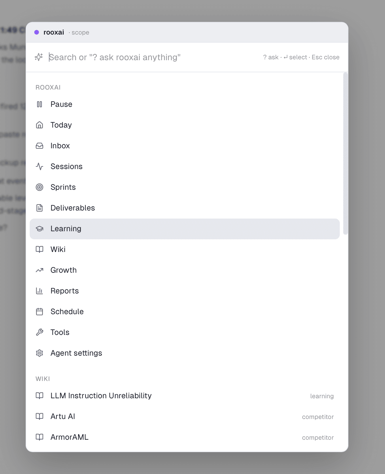 Command palette with 'Search or ? ask agentfounder anything' and scoped commands plus wiki entries
