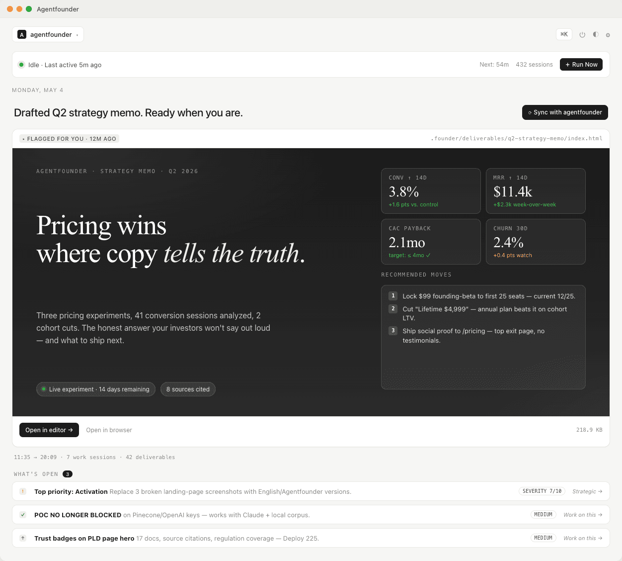 Agentfounder home view — Q2 strategy memo deliverable preview with KPIs, recommendations, and What's Open task list