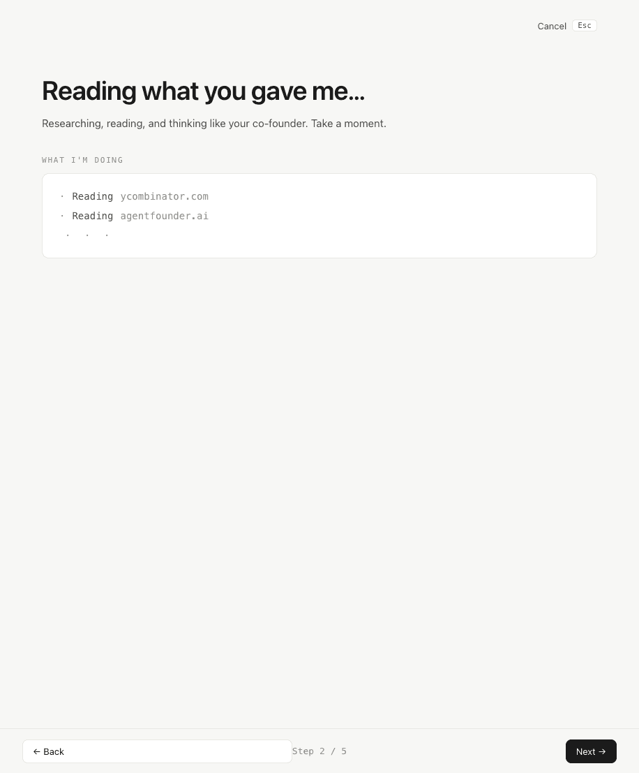 Onboarding step 2 of 5 — agent is reading ycombinator.com and agentfounder.ai using its browser tool