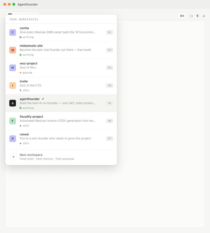 Workspace switcher showing 7 workspaces with English descriptions, ⌘⇧1-9 keybinds, and per-workspace status (working/idle/paused)